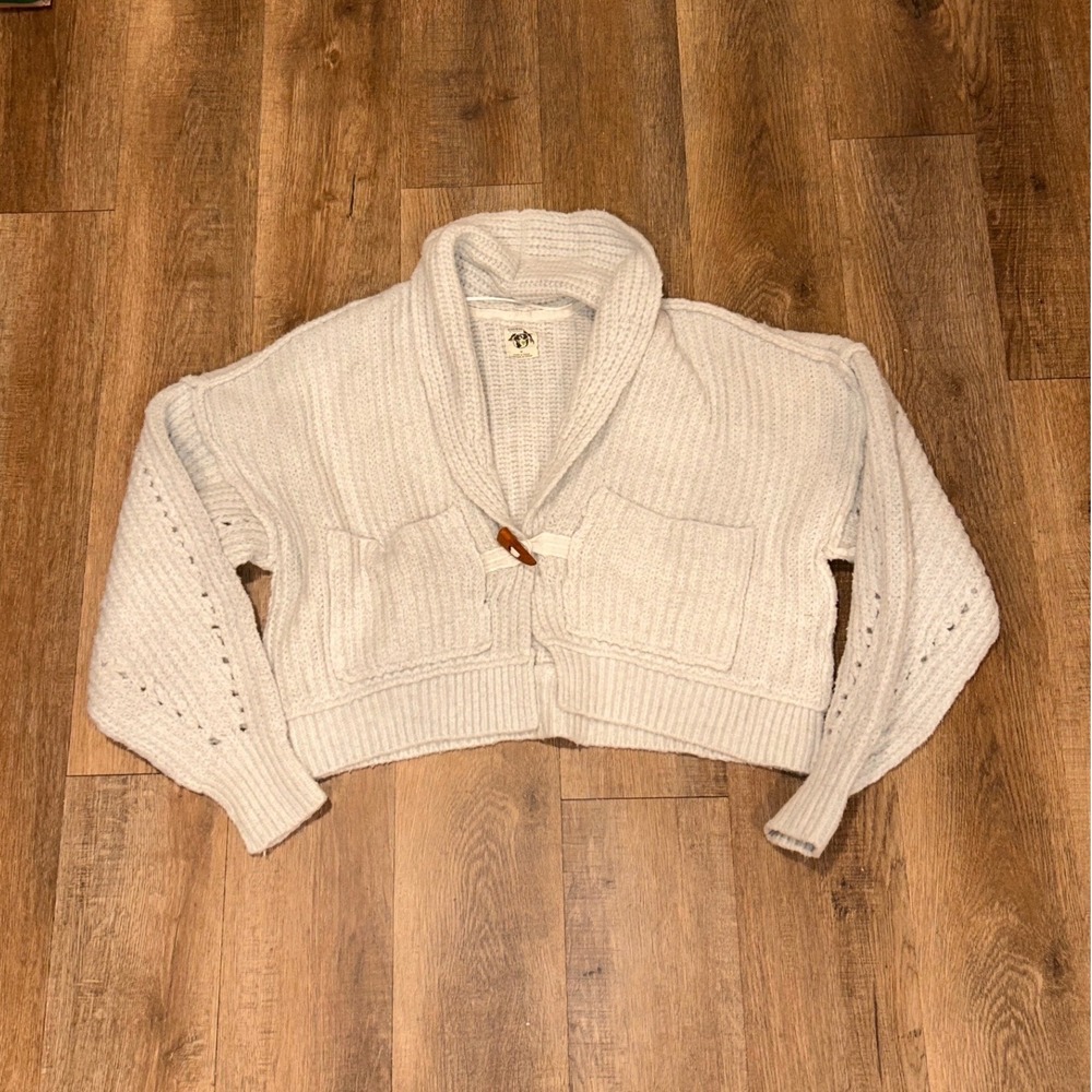 Jackson Cropped Slouchy Toggle Cardigan Sweater Grey Boho M OB1508640